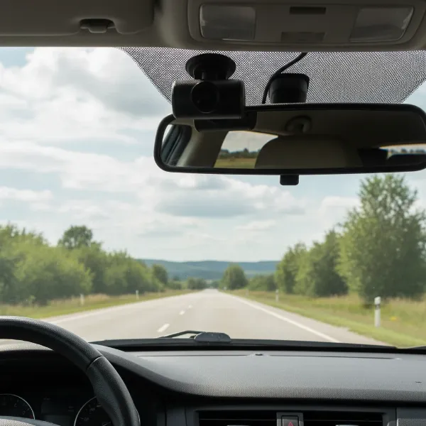 Optimal dash cam placement behind the rearview mirror for unobscured visibility.
