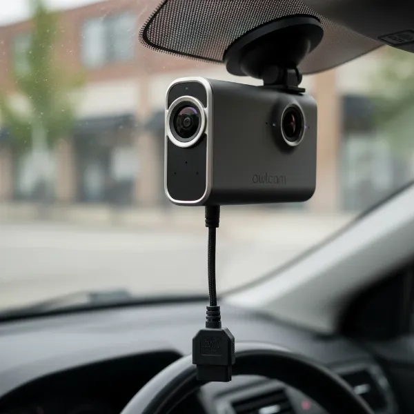 Close-up of Owlcam Classic 5.0 dash cam with dual cameras and visible OBD-II power connection.