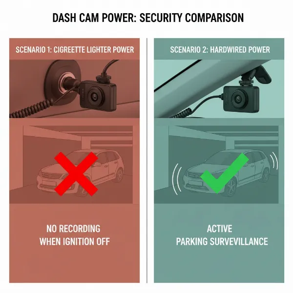 Comparison of dash cam power sources: cigarette lighter vs. hardwired for parking mode