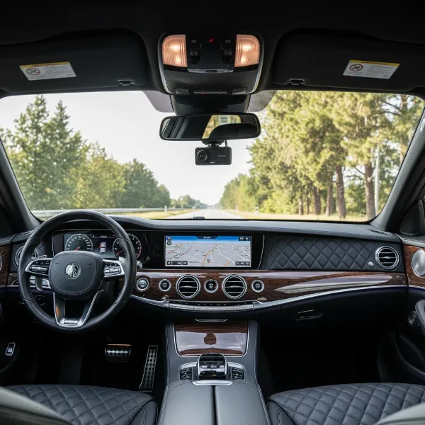 A professionally installed dash cam setup with hidden wires and optimal placement