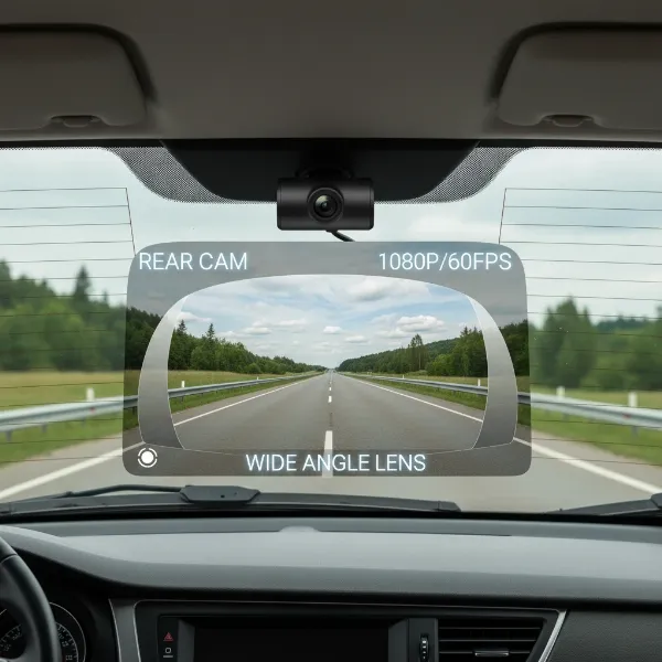 Rear dash cam mounted centrally on SUV's rear windshield, showing wide view.