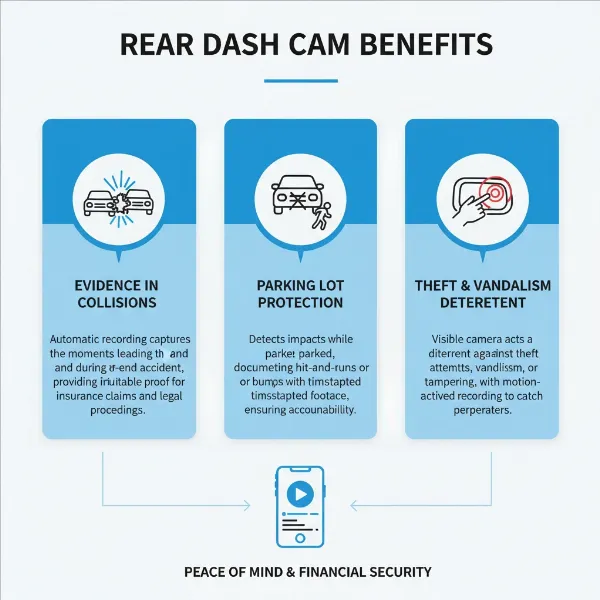 Diagram illustrating benefits of rear dash cam: collision evidence, parking lot monitoring, theft deterrence.