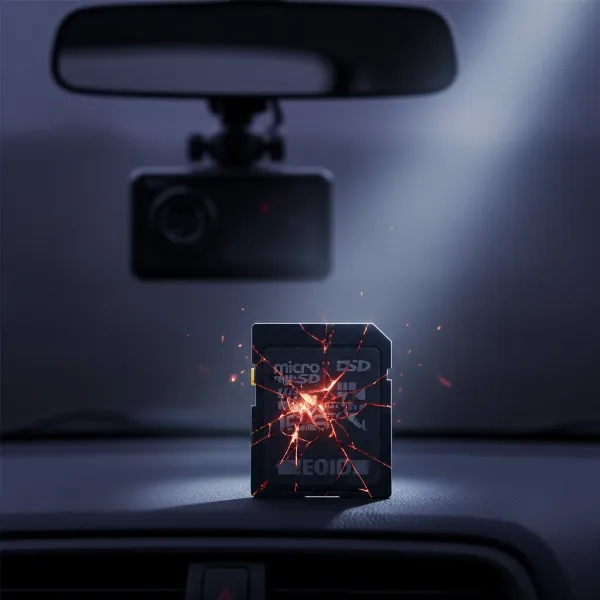 A symbolic image depicting a regular microSD card cracking or breaking under pressure, with a blurred, distressed dash cam in the background.