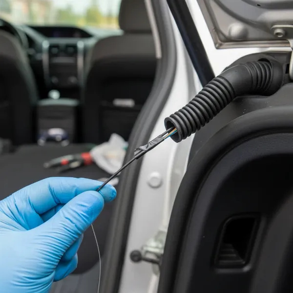 Hand using fish wire to route dash cam cable through a car's rubber liftgate conduit.