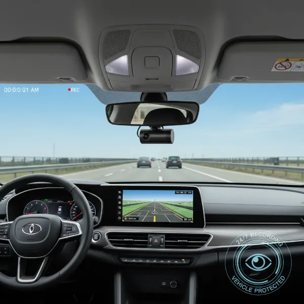 Secure car interior with a discreet dash cam, emphasizing vehicle protection.