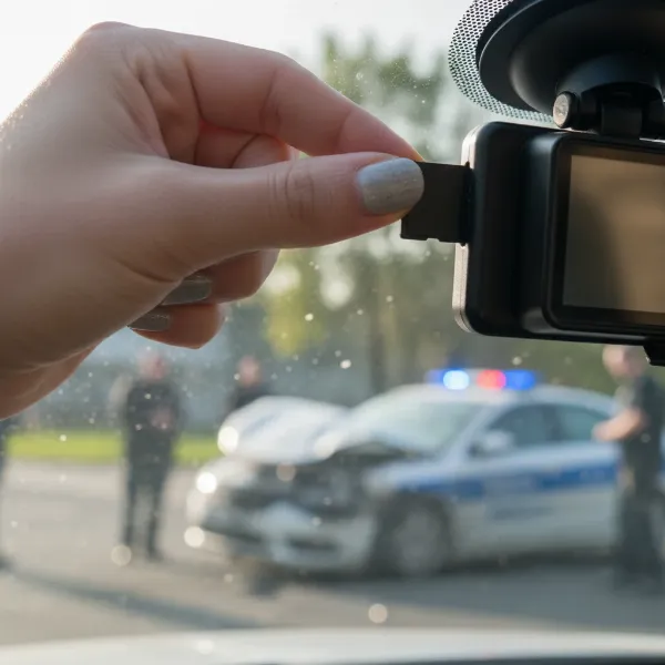 Driver carefully removing and securing a dash cam's SD card after witnessing an accident to preserve critical evidence.