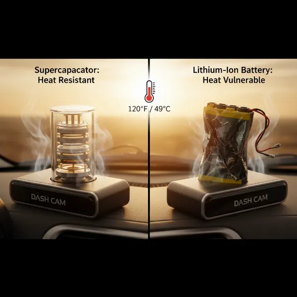 Visualizing a supercapacitor vs. a lithium-ion battery in a dash cam under extreme heat