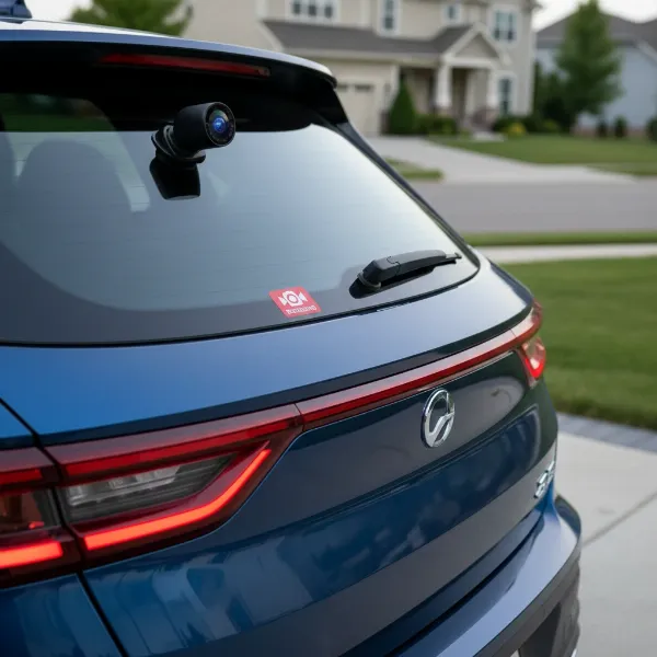 Rear dash cam installed on a hatchback SUV for enhanced security and rear visibility.