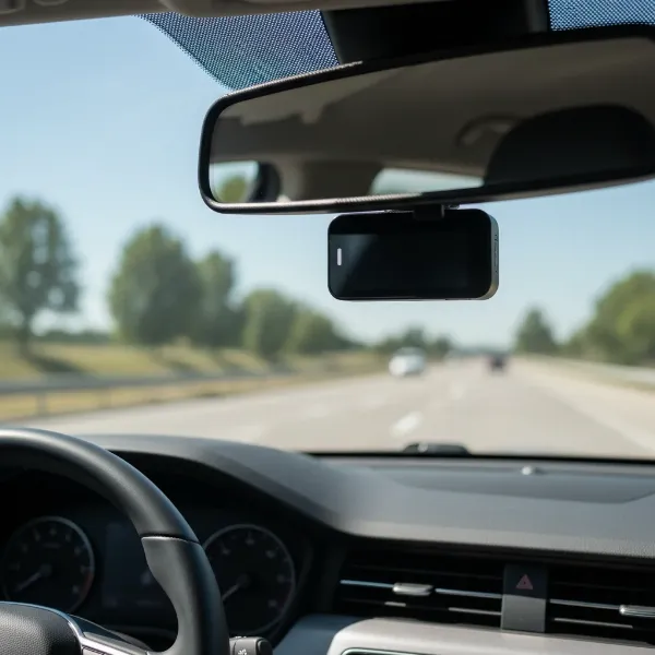 A dash cam mounted on a windshield, subtly monitoring a teen driver.