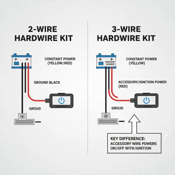 Diagram comparing 2-wire and 3-wire dash cam hardwire kits wiring.