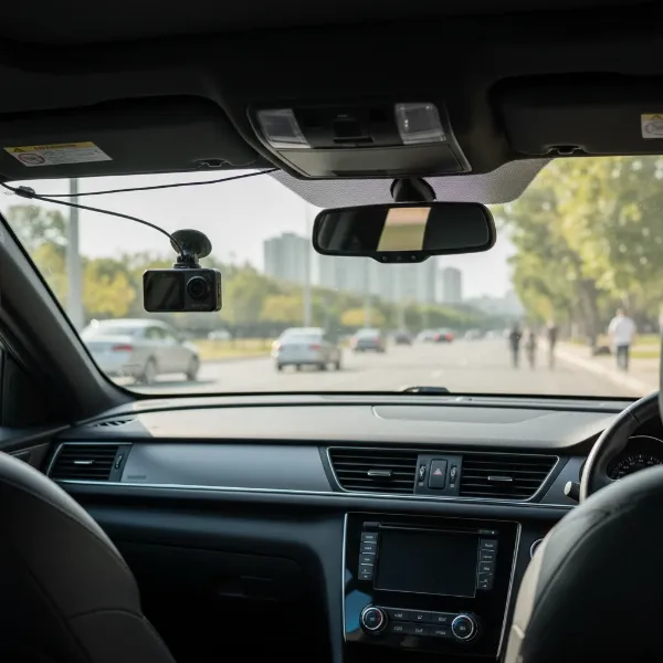 Viofo A129 Pro Duo dash cam installed discreetly on a car windshield, with front and rear cameras visible and cables neatly tucked away.